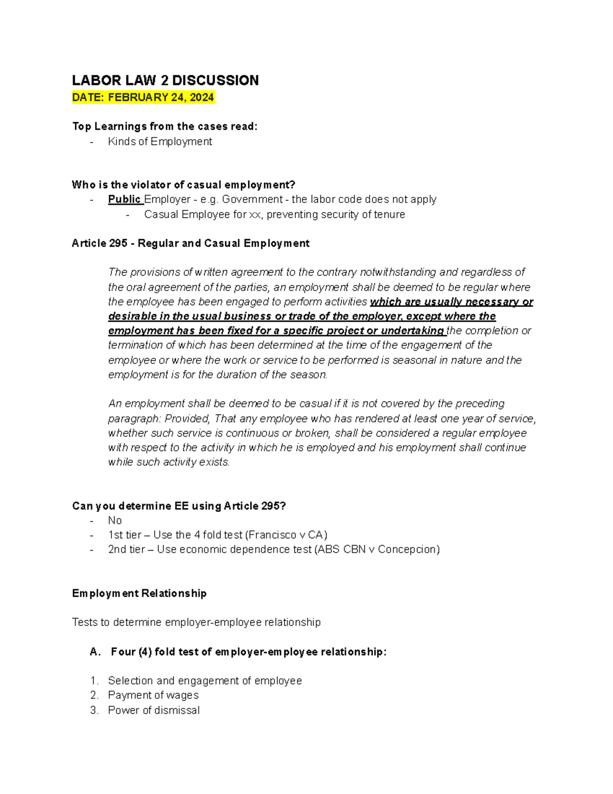Labor Law 2: Key Notes for Final Exam on Employment Relationships - Studocu