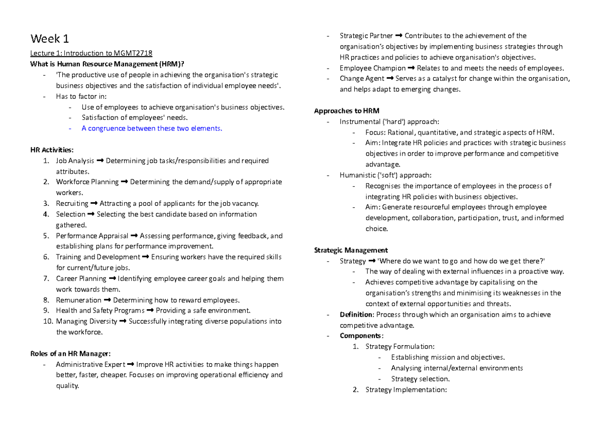 MGMT2718 Lecture 1: Intro to Human Resource Management Concepts - Studocu