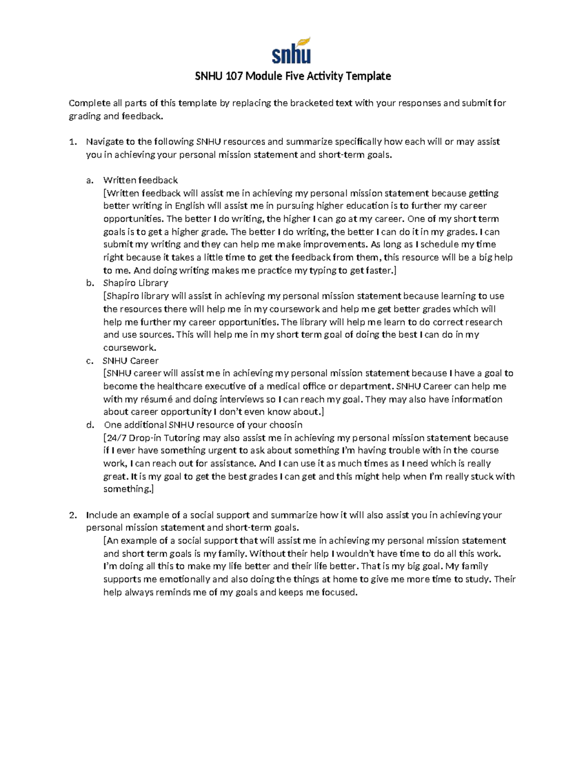 SNHU 107 Module 5 Activity Personal Mission Statement Support Studocu