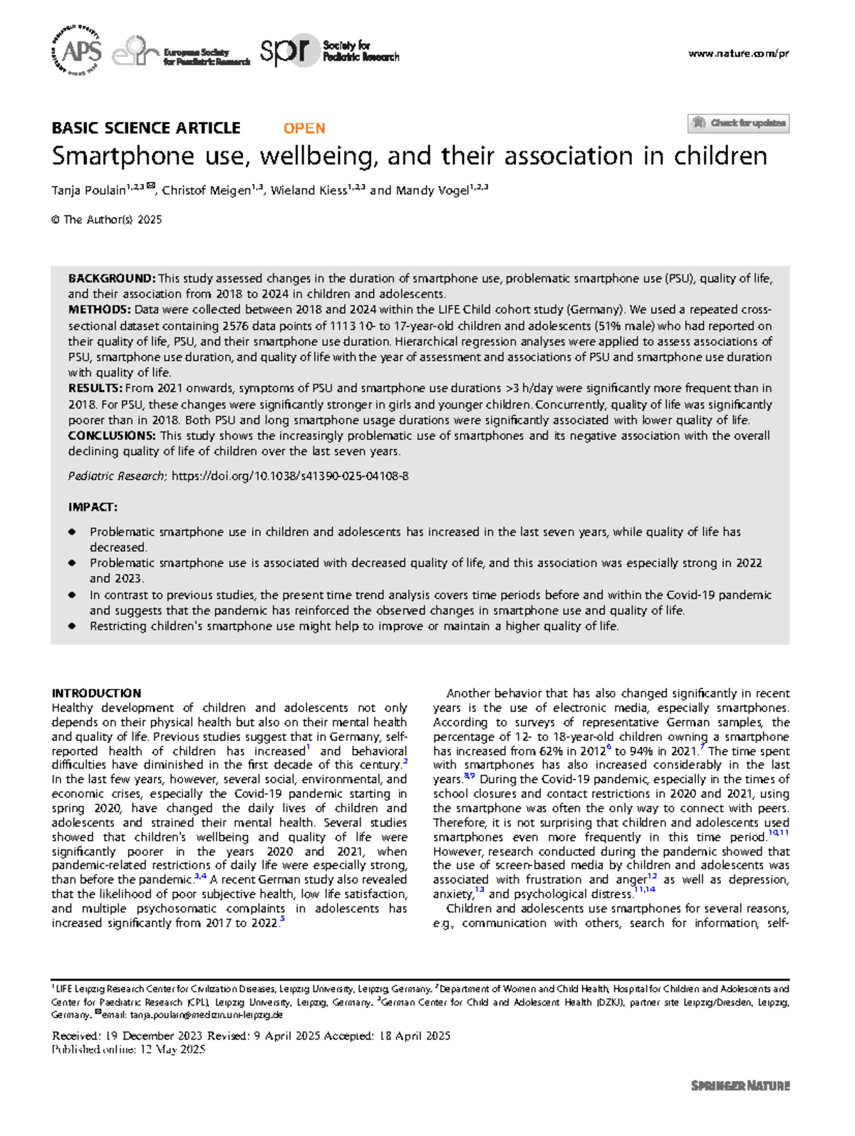 S41390 Basic Science Article: Smartphone Use & Wellbeing in Children ...