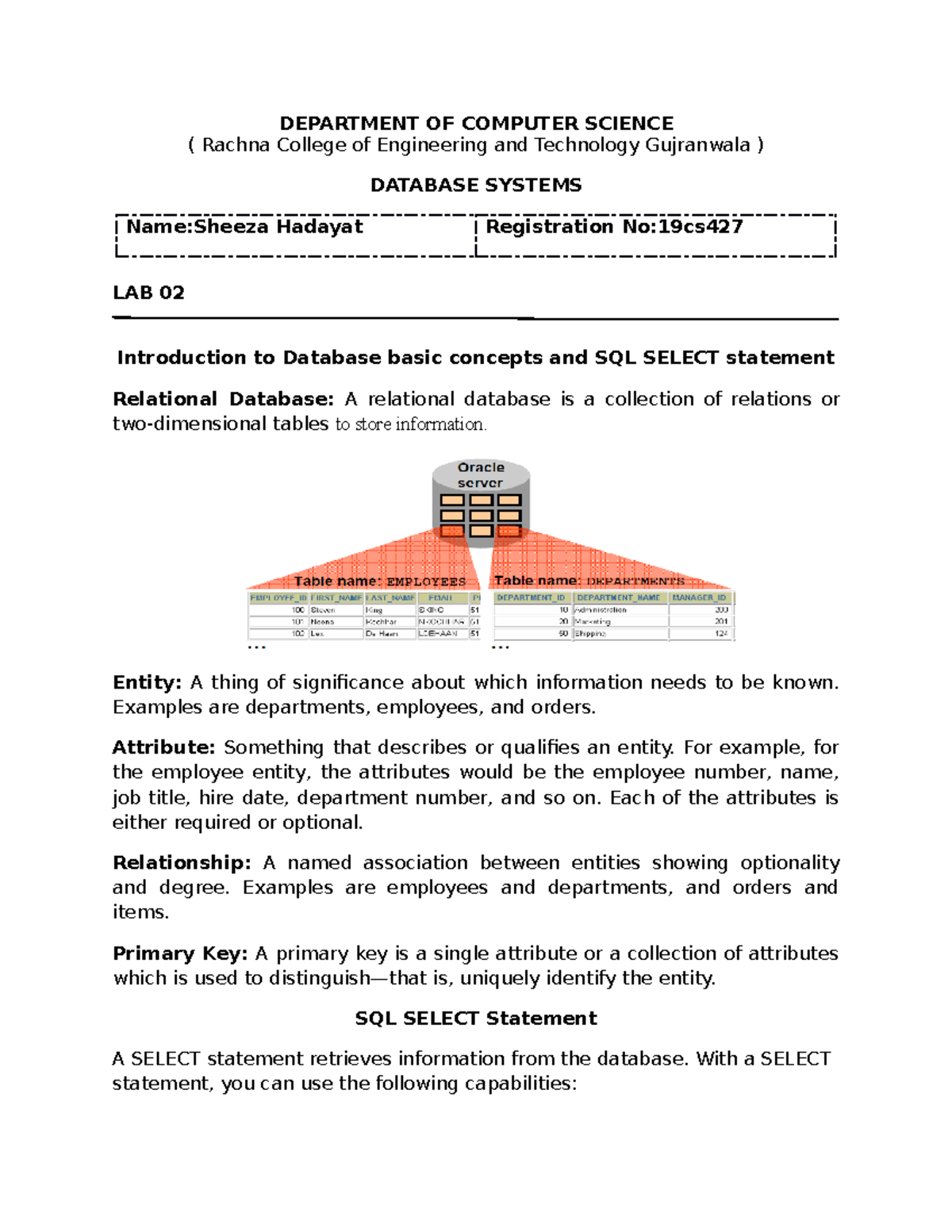 Lab Assignments Overview for Database Systems (19CS) - Studocu