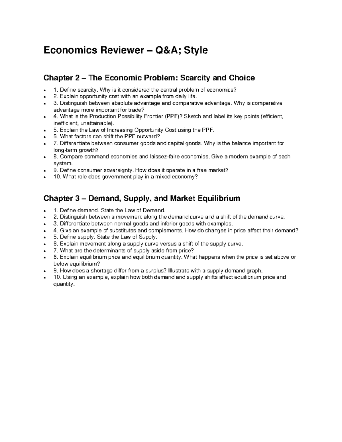 Economics Reviewer: Chapter 2 & 3 - Scarcity, Choice, Demand & Supply ...