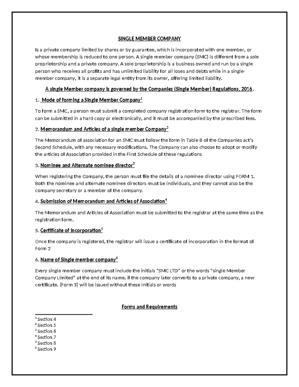 Single Member Company (SMC) - Business Association Notes - Studocu