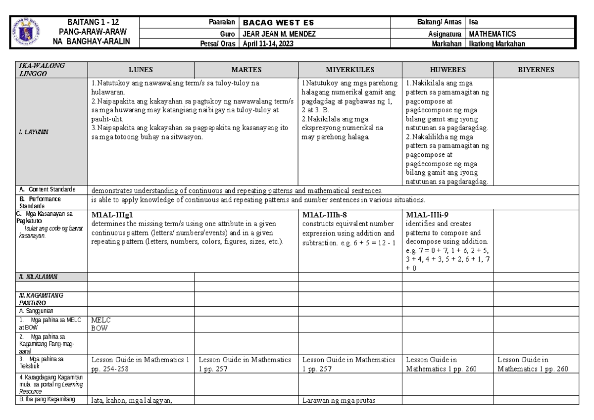 Mathematics 1 Week 8 Lesson Guide for 3rd Quarter Activities - Studocu