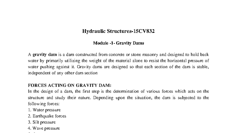 Hydraulic Structures Module 4: Gravity Dams and Forces Analysis - Studocu