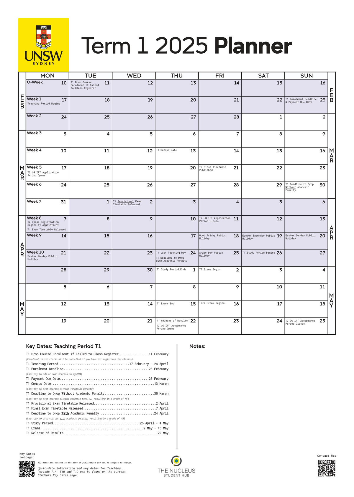 T1 2025 Term Planner with Key Dates and Important Events - Studocu