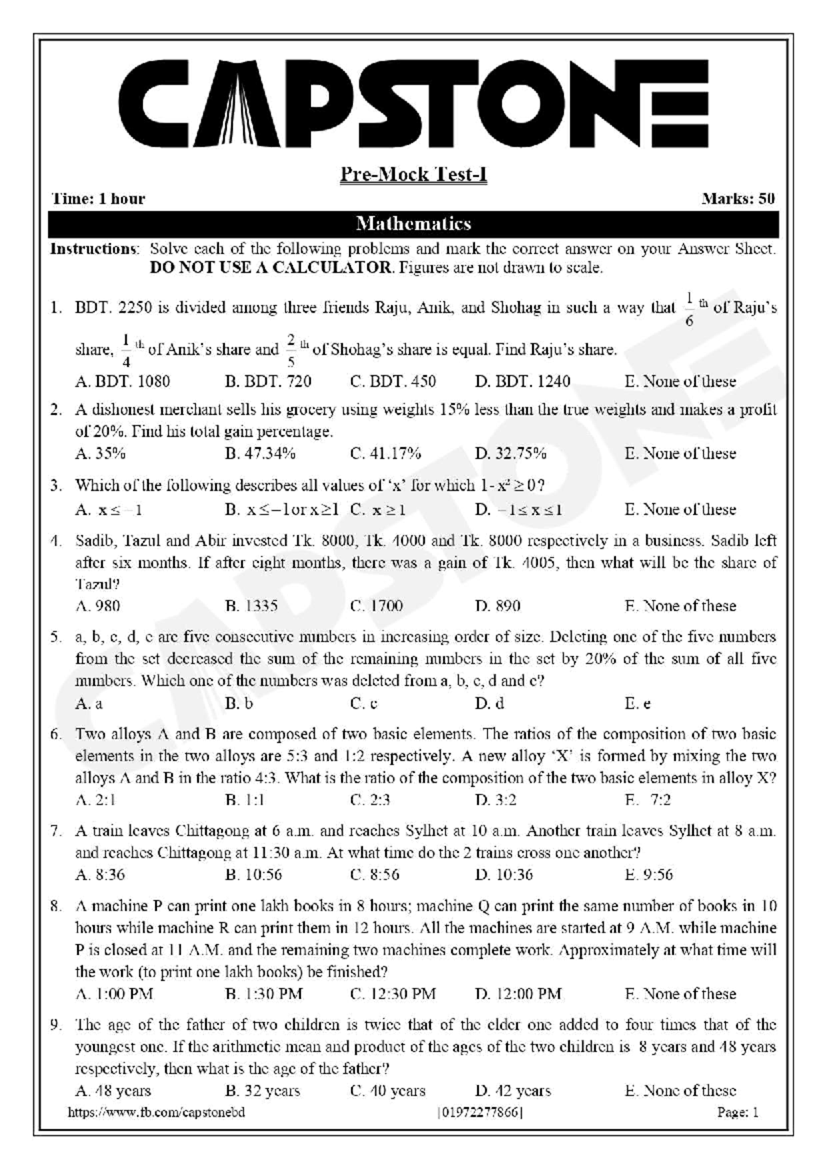 Pre-Mock-1 - IBA MBA admission test Pre-mock capstone education - Time ...