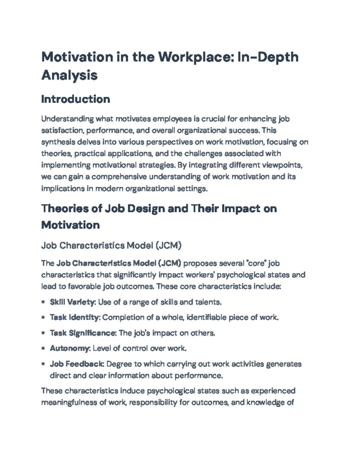 Motivation in the Workplace: Comprehensive Analysis of Job Design ...