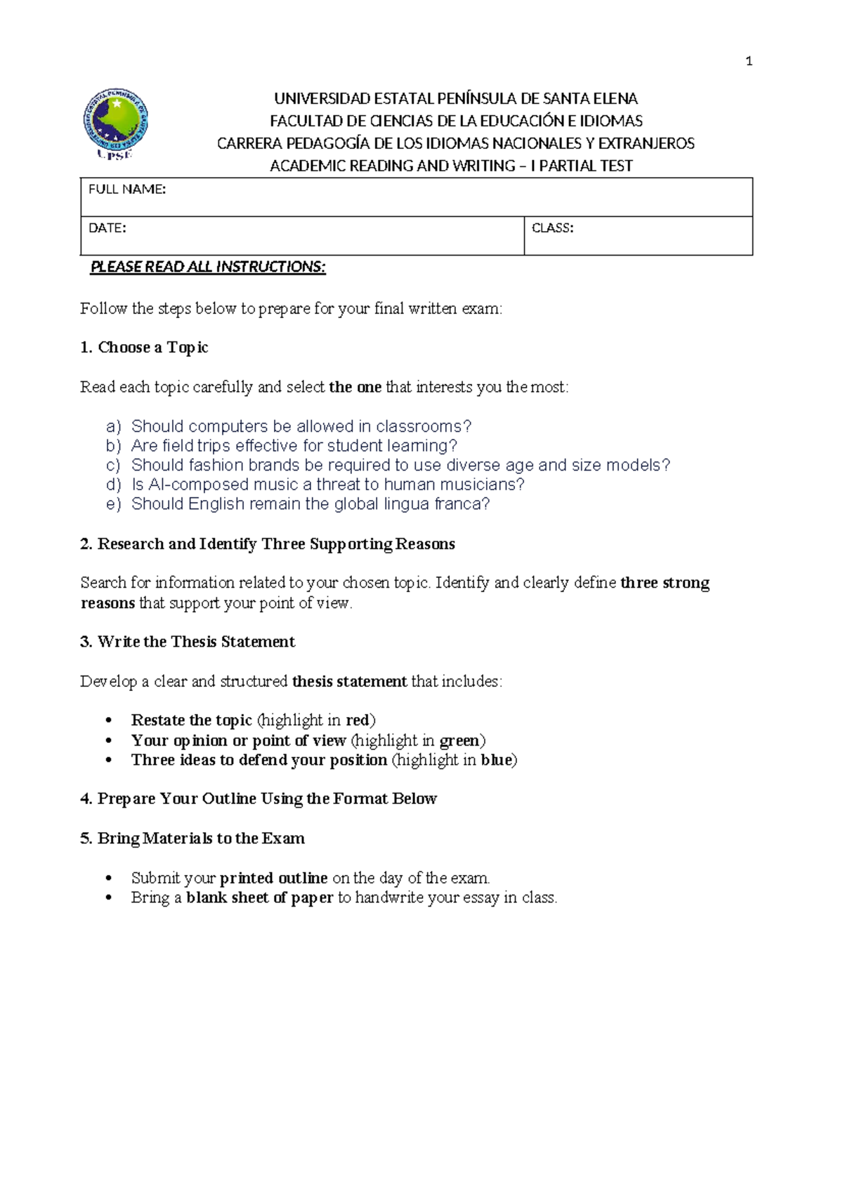 Academic Reading and Writing I Partial Test 2025-1 Guidelines - Studocu