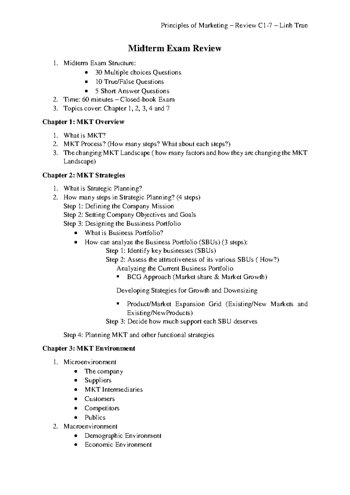 MKT 101: Midterm Exam Review - Key Concepts from Chapters 1-7 - Studocu