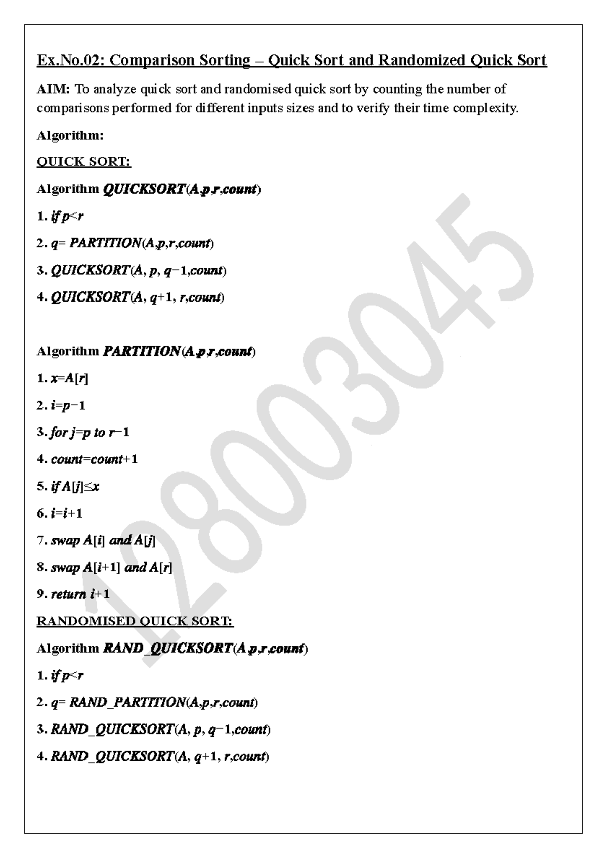 Ex.No.02: Comparison of Quick Sort vs Randomized Quick Sort - Studocu