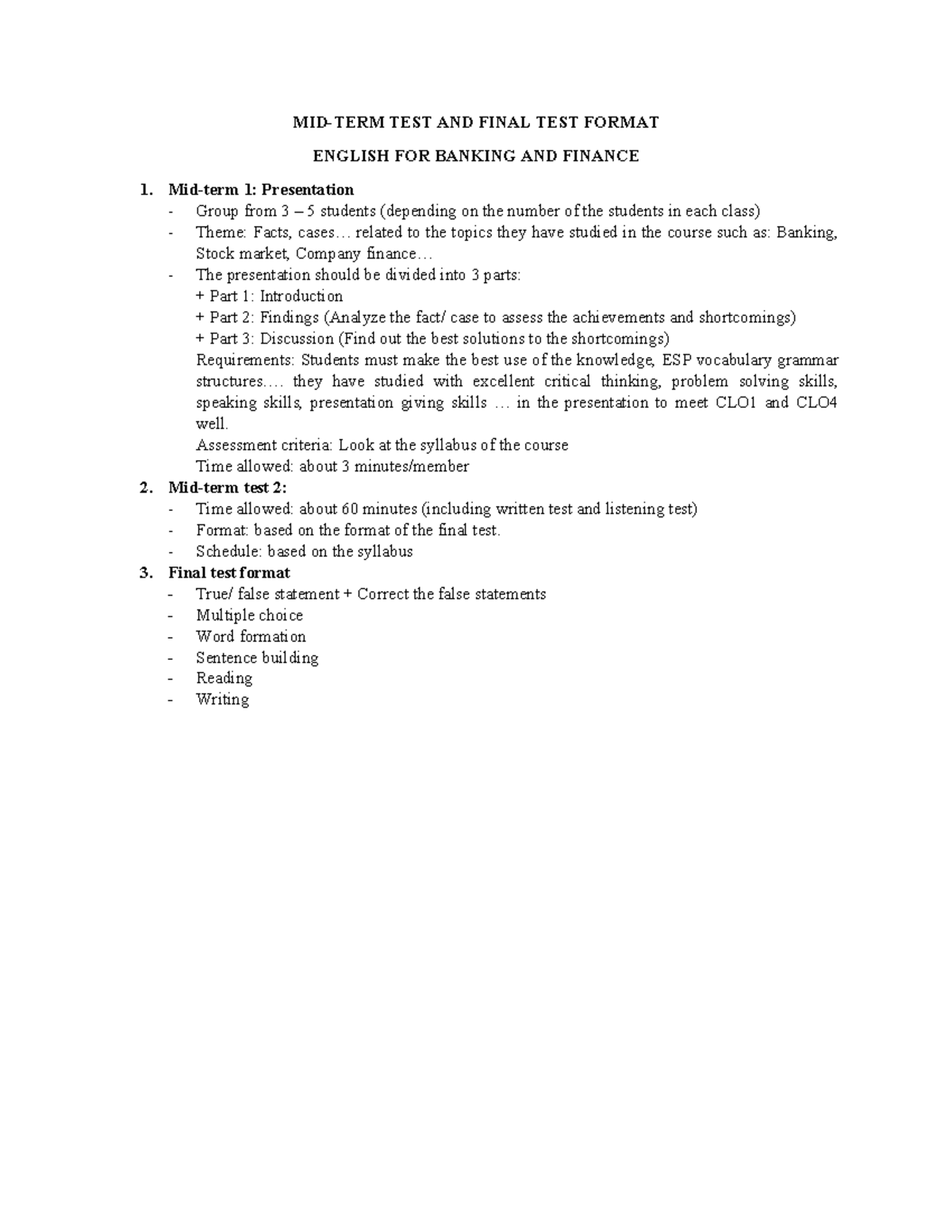 Final Test Format for English in Banking & Finance 1: Presentation ...