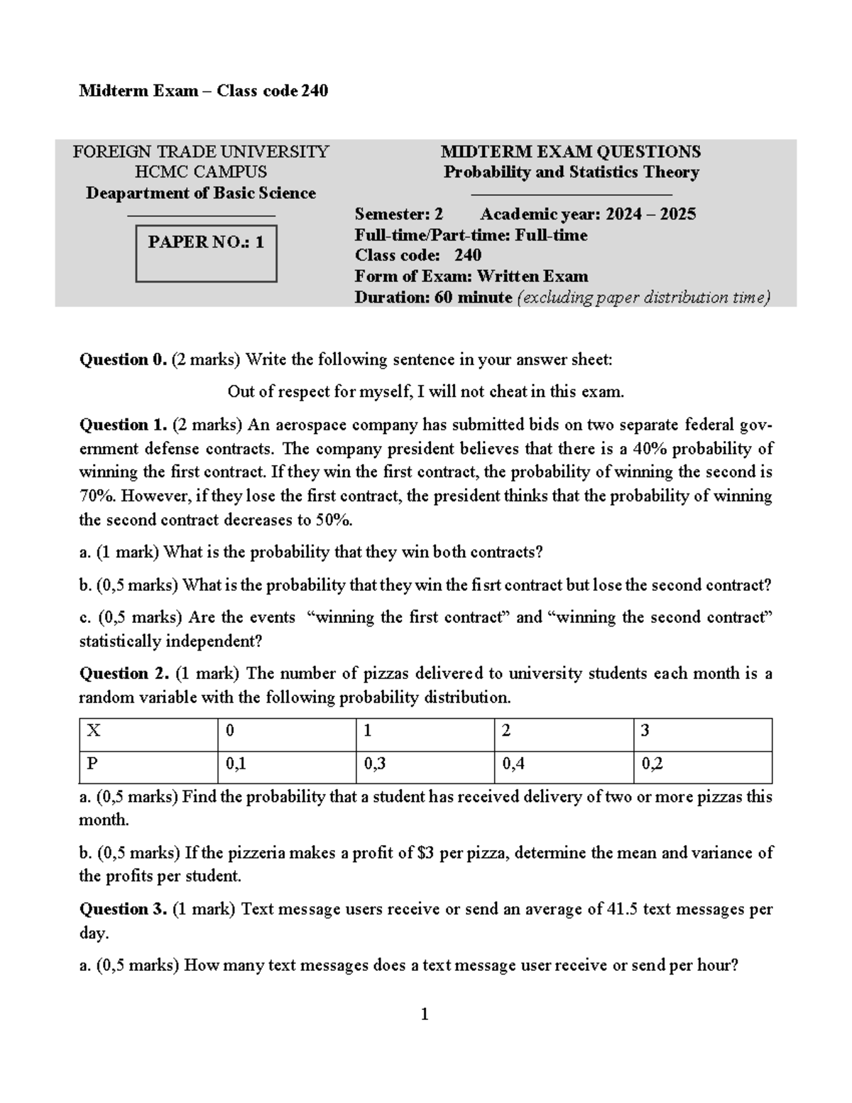 Midterm Exam 240: Probability and Statistics Theory - Sample Questions ...