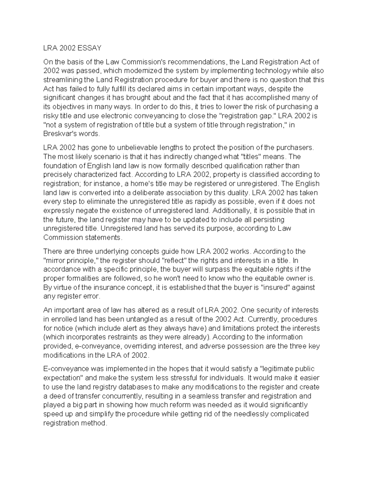 LRA-2002 Essay: Analysis of Land Registration Act Reforms - Studocu