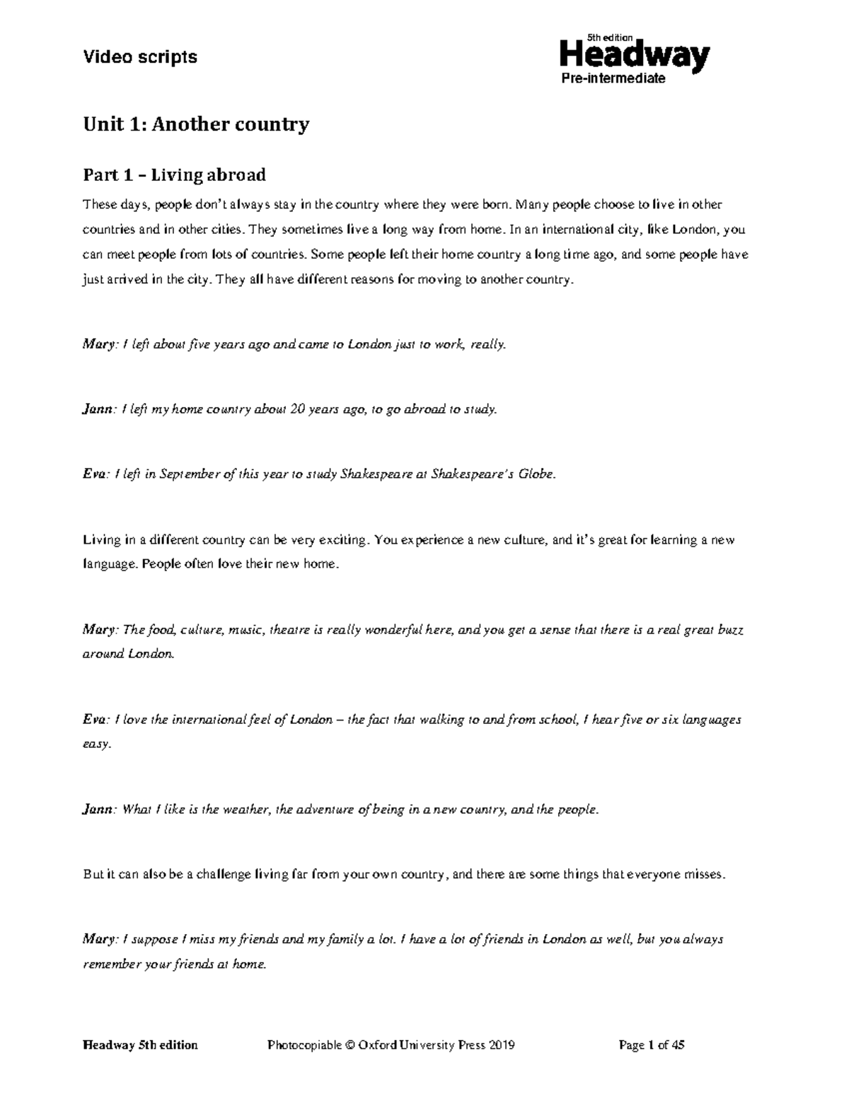 03 Headway Pre-Intermediate 5th Ed. Video Scripts - Living Abroad ...