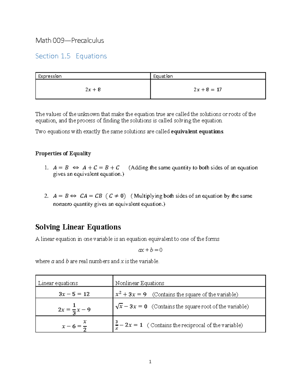 Math 101: Section 1.5 Equations - Lecture Notes on Solving Techniques ...