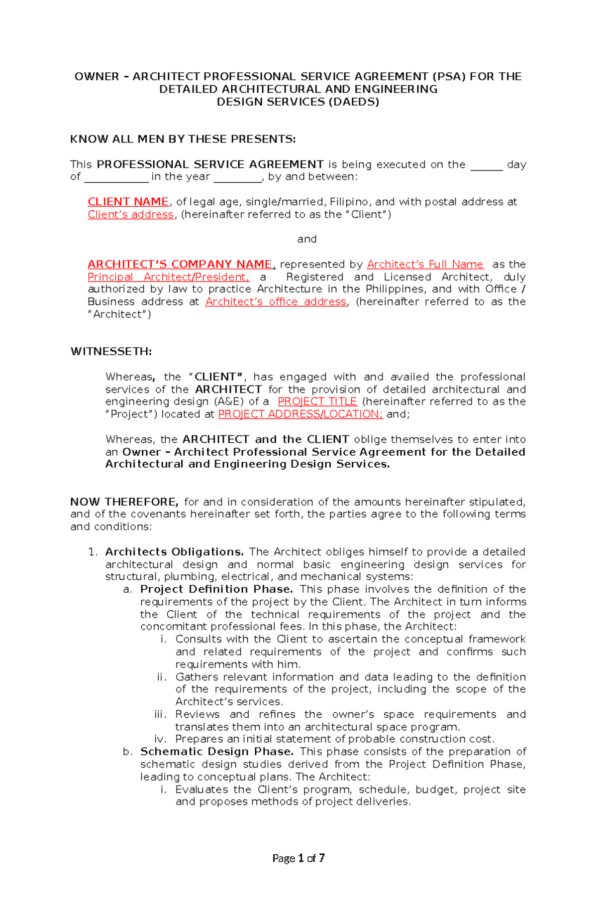 OWNER-ARCHITECT PSA for DAEDS: Design Template CPP 02212024 - Studocu