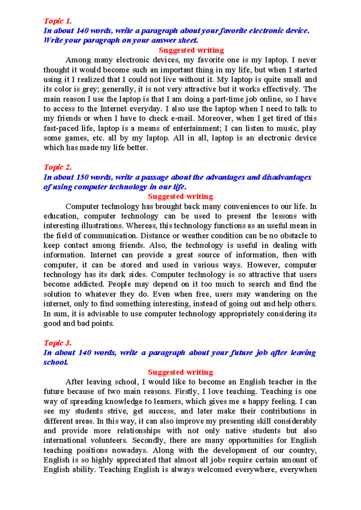 English Topic Notes: 50 Suggested Paragraphs for Practice - Studocu