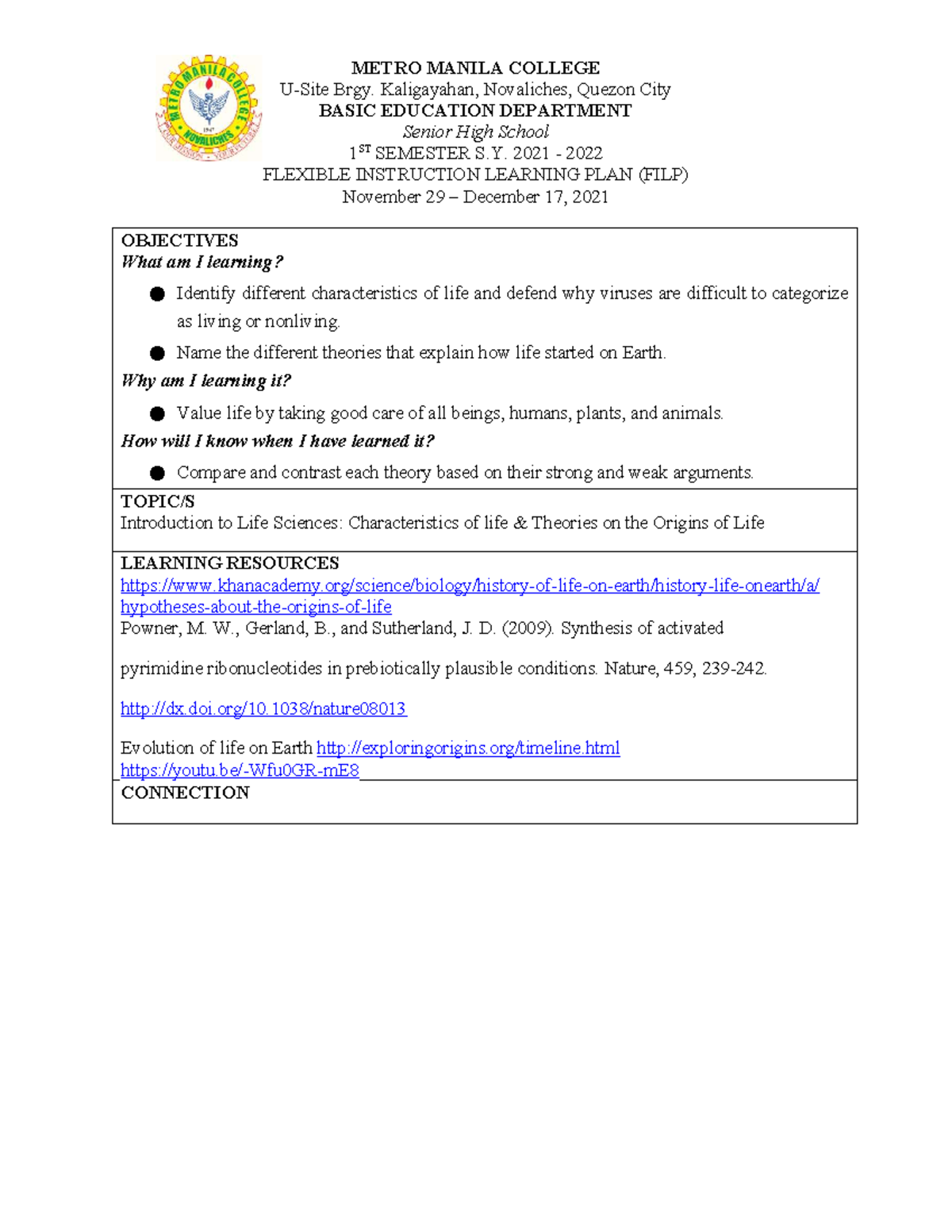 Earth and Life Science Learning Plan (1st Sem S.Y. 2021-2022) - Studocu