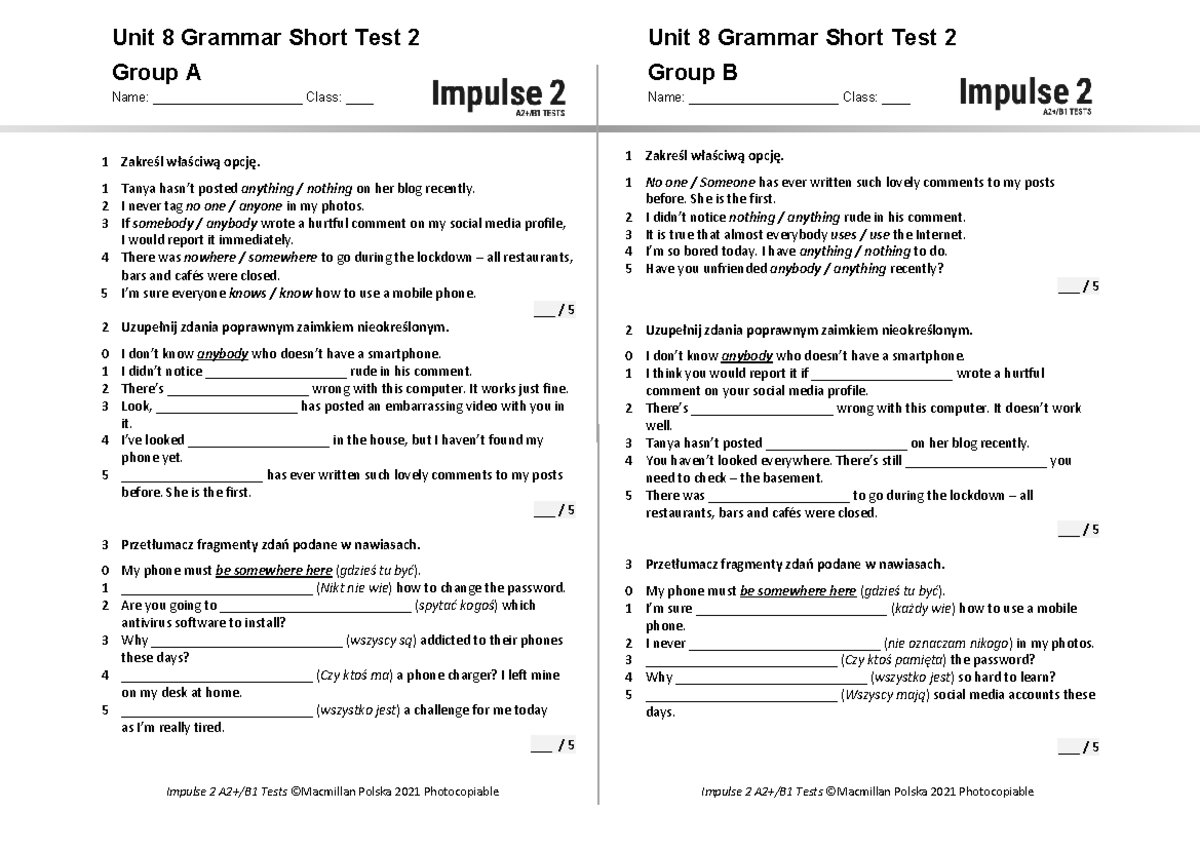 Unit 8 Grammar Short Test 2: Group A & B Review - Studocu