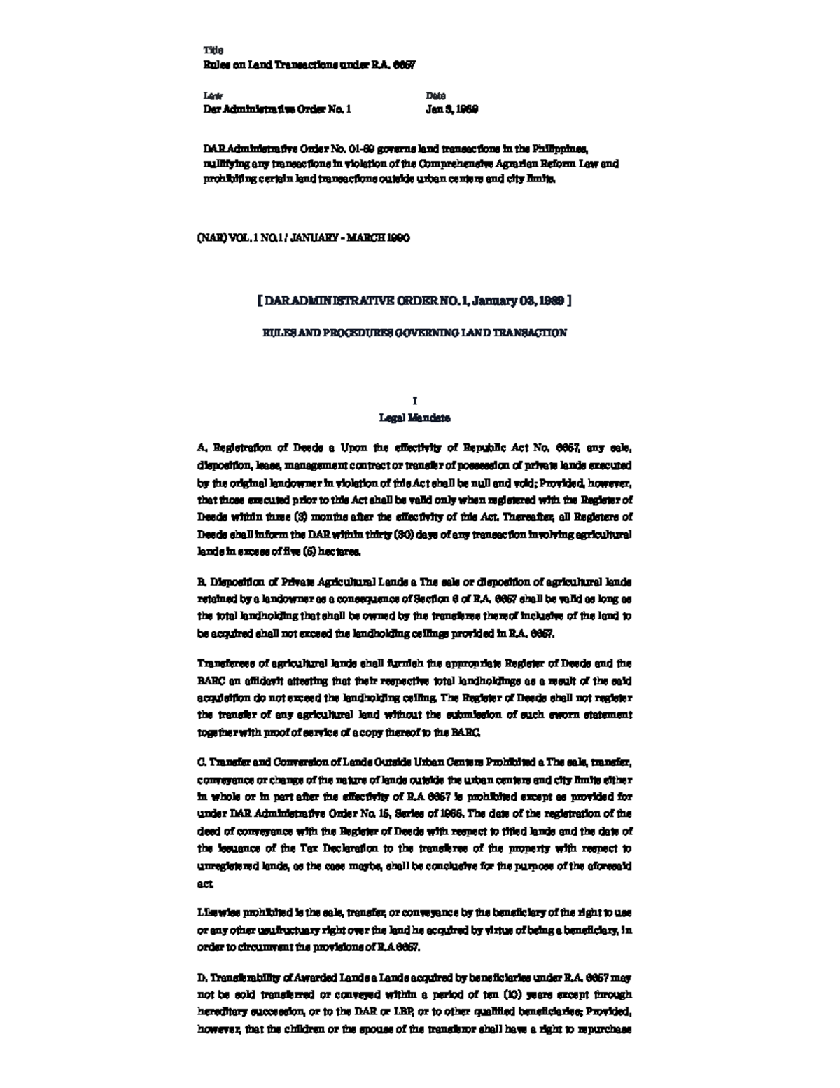 R.A. 6657: Guidelines for Land Transactions and Validity - Studocu