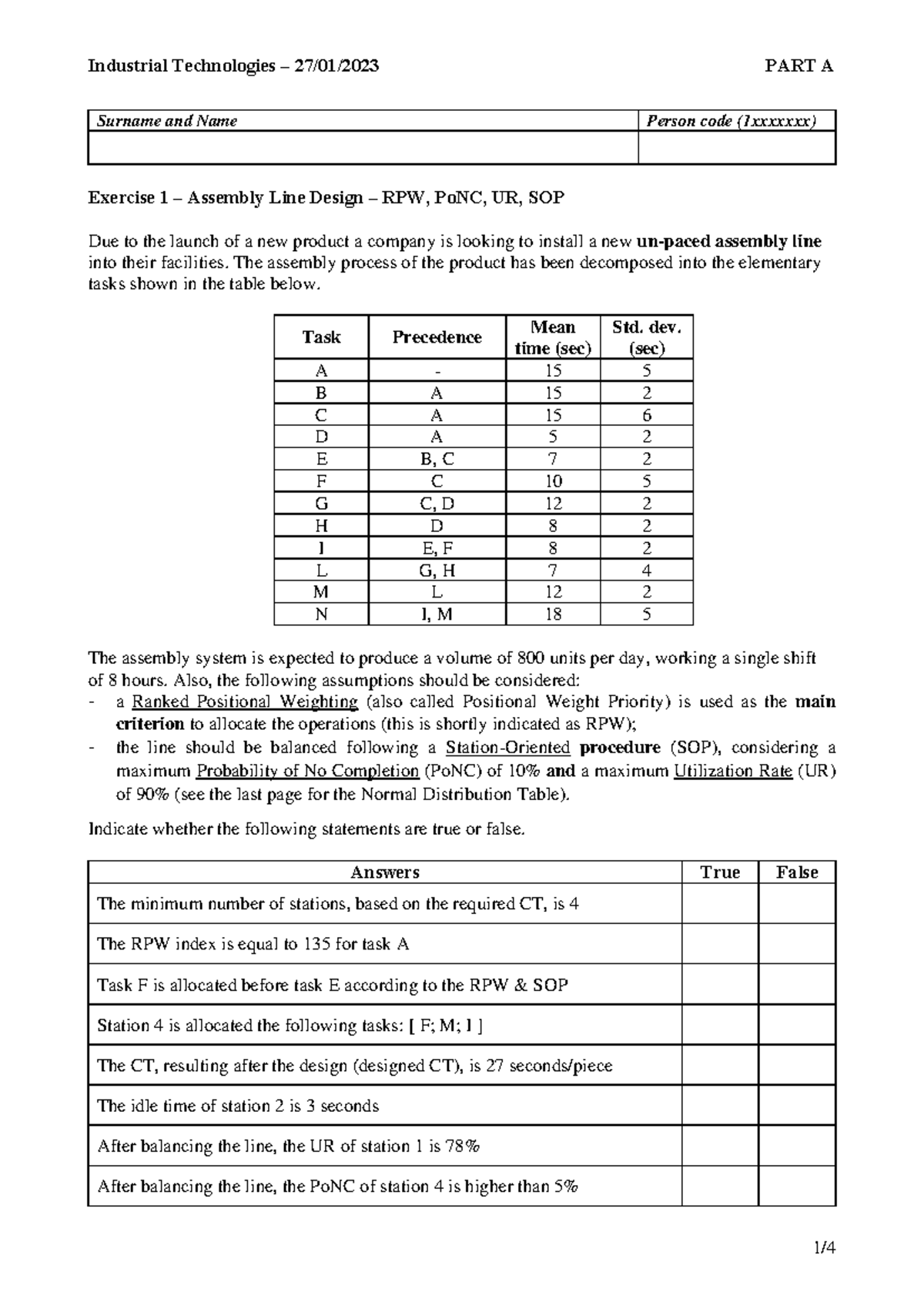 IT Exam Example 2 - Industrial Technologies Exercises A & B - Studocu