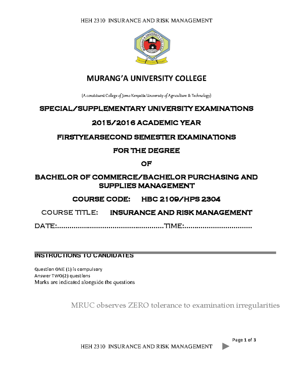 HBC 2304 Insurance and risk management exam questions and guidelines ...