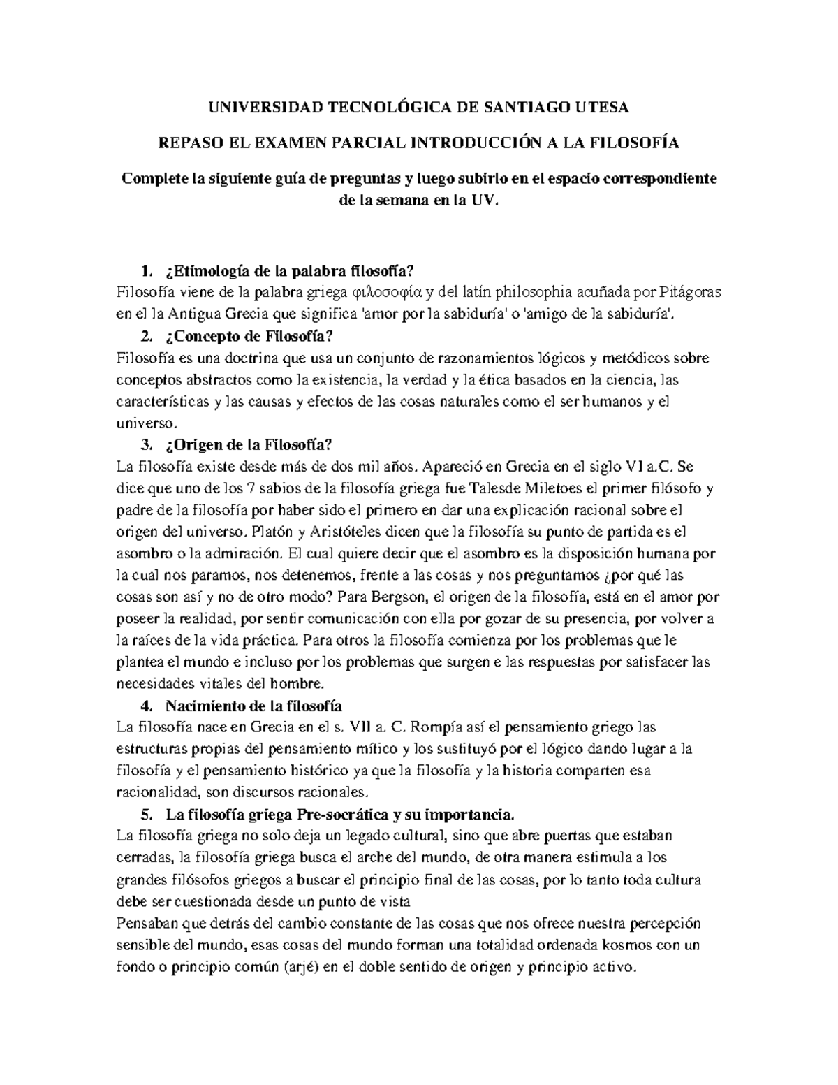 Repaso para el Examen Parcial de Introducción a la Filosofía - UTESA - Document Preview