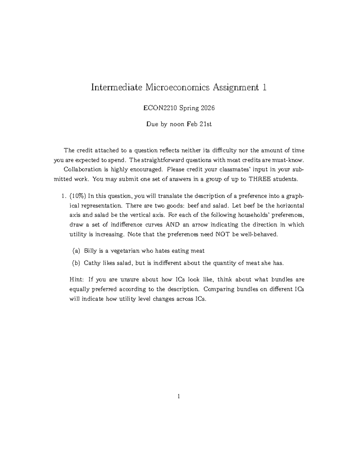 Intermediate Microeconomics Assignment 1 ECON2210 Spring 2026 - Studocu