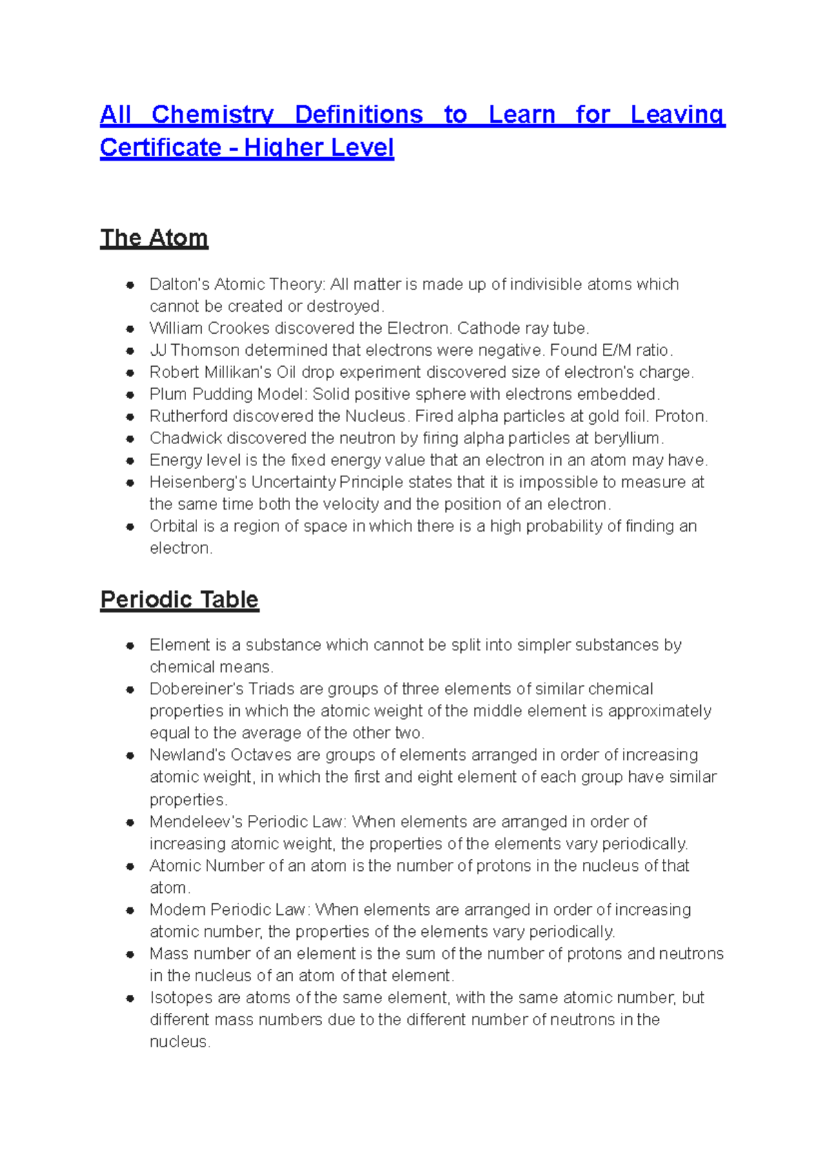 All Key Chemistry Definitions for Leaving Cert HL Study Guide - Studocu