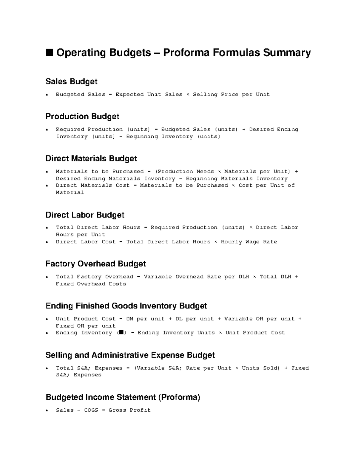 Operating Budgets Proforma: Key Formulas & Summaries - Studocu