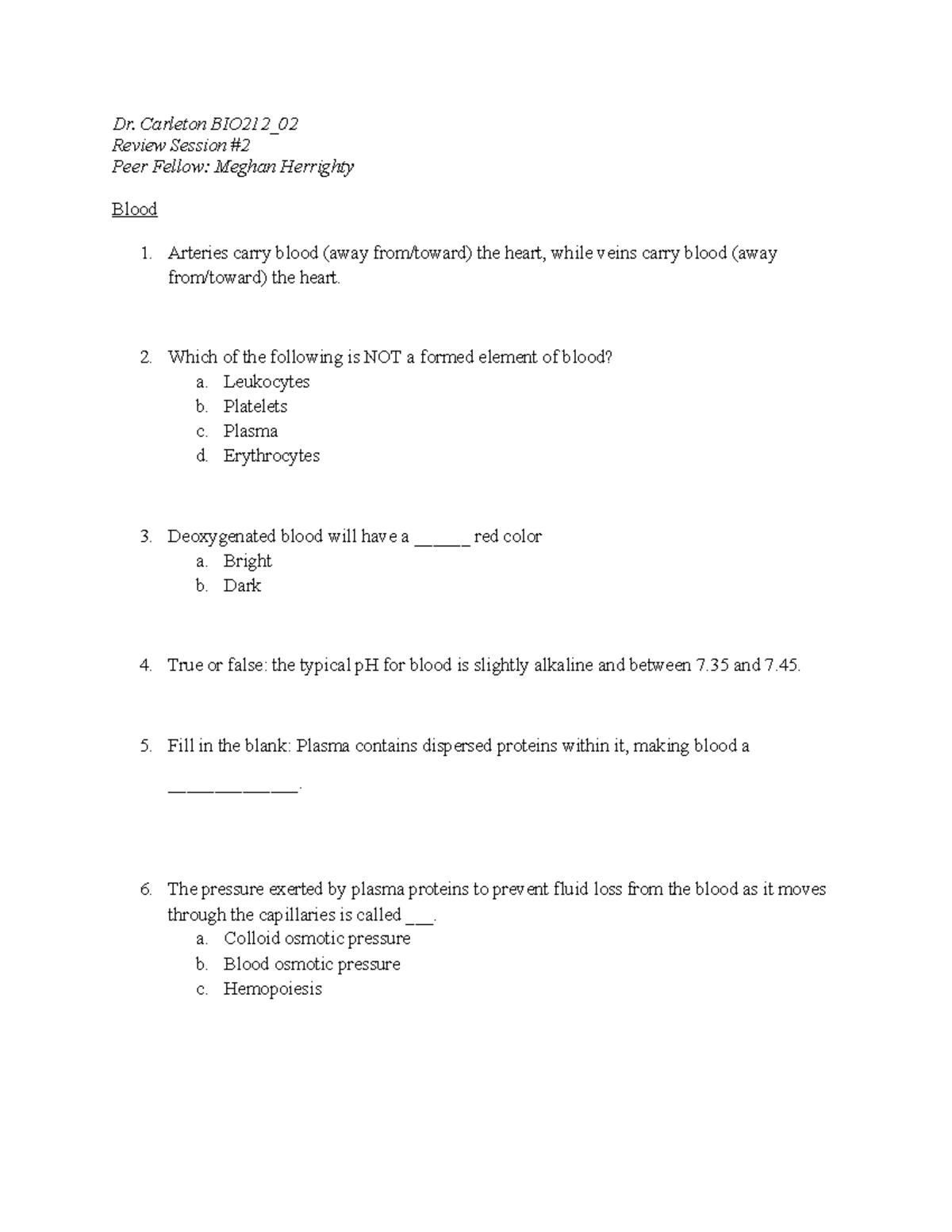 BIO212_02 Final Exam Review: Blood Overview and Key Concepts - Studocu