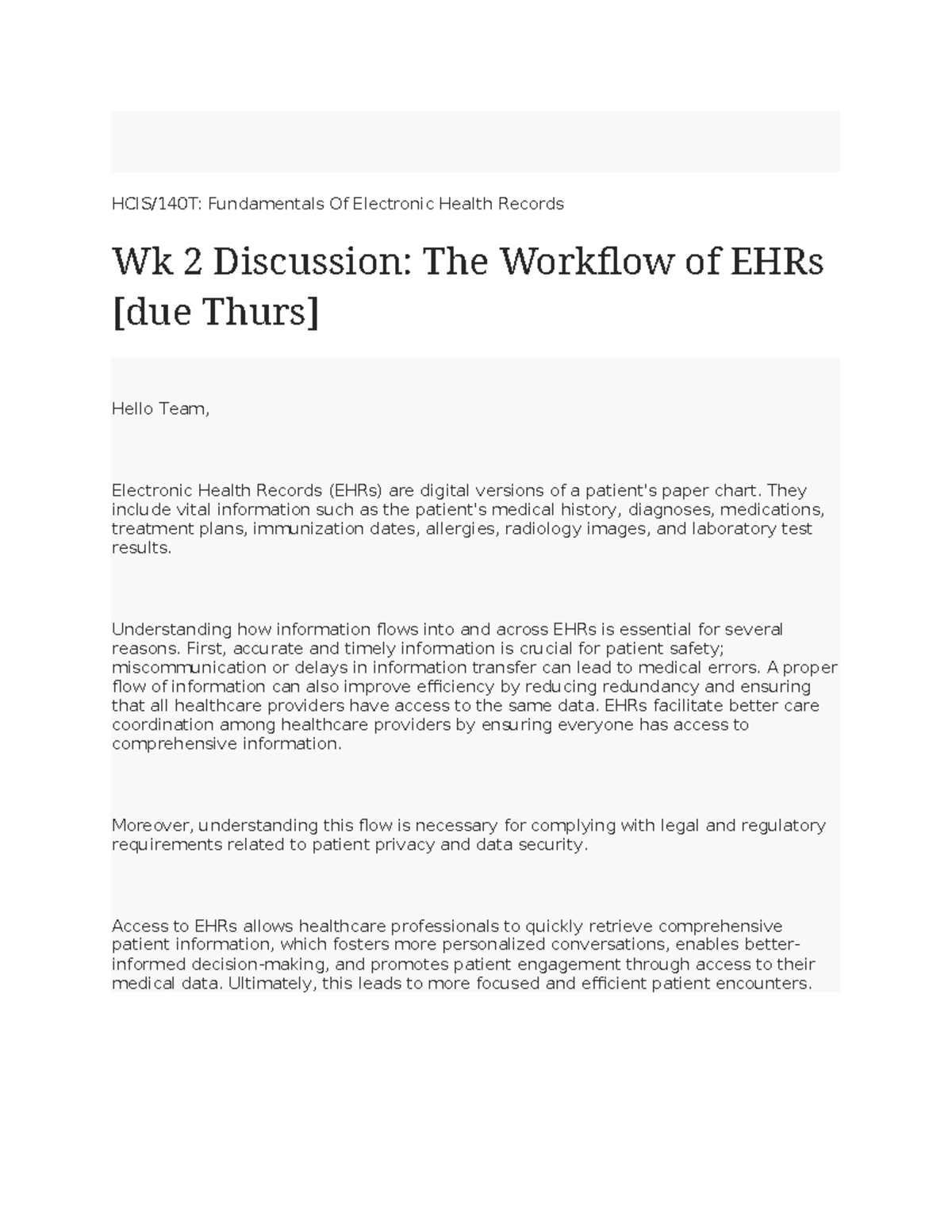 HCIS:140T - Wk 2 Discussion on EHR Workflow and Information Flow - Studocu
