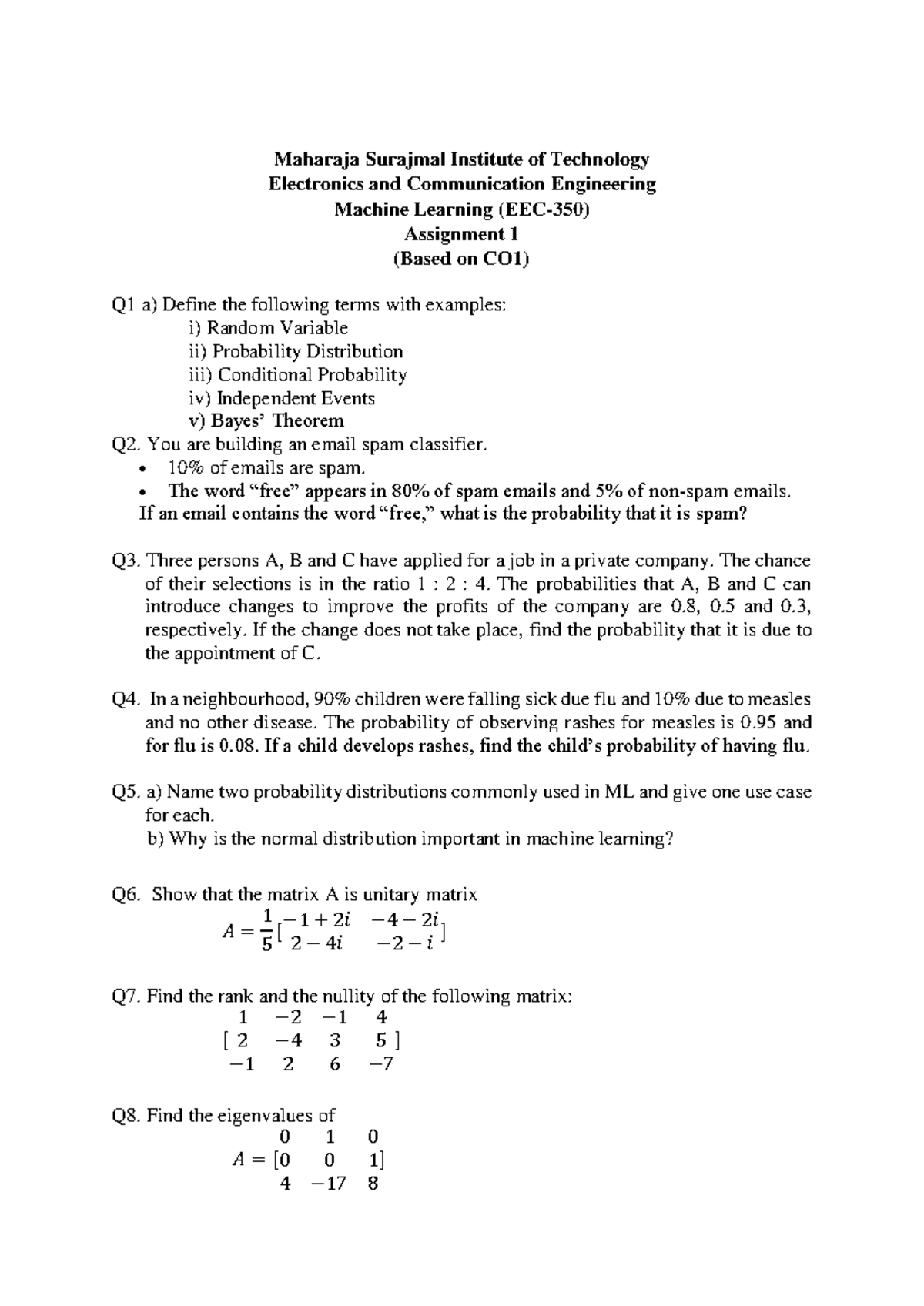 Machine Learning Assignment 1 (CO1) - Probability Concepts ...