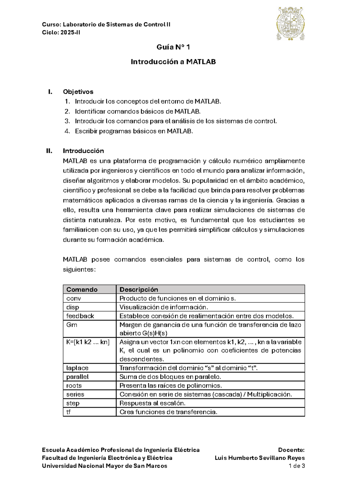 Guía 1 - Introducción a MATLAB para Sistemas de Control II - Studocu
