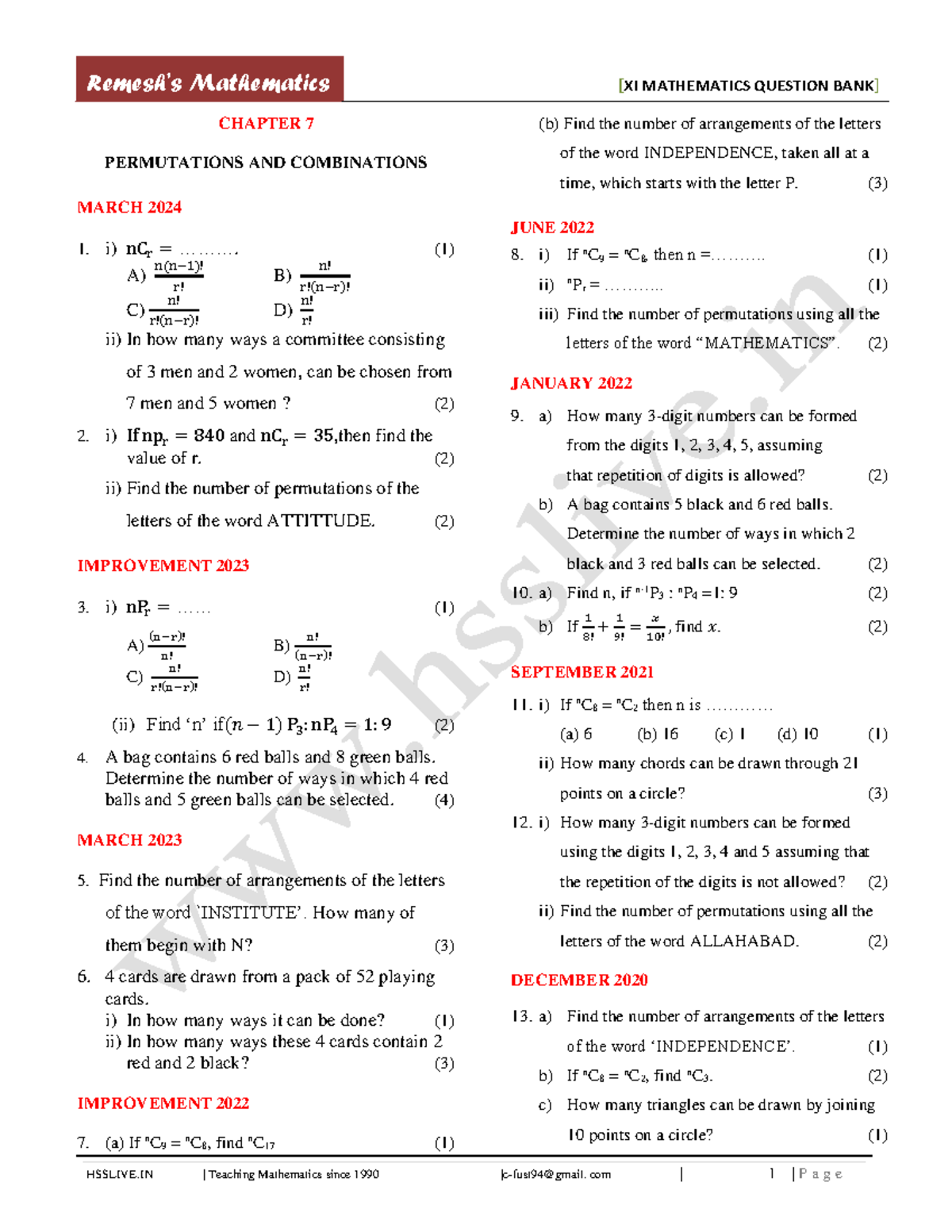 Mathematics MATHEMATICS QUESTION MARCH 2024: Permutations ...