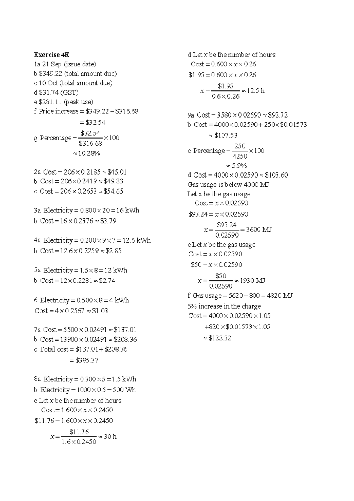Exercise 4E - Maths Cost Analysis and Calculations (21 Sep - 10 Oct ...