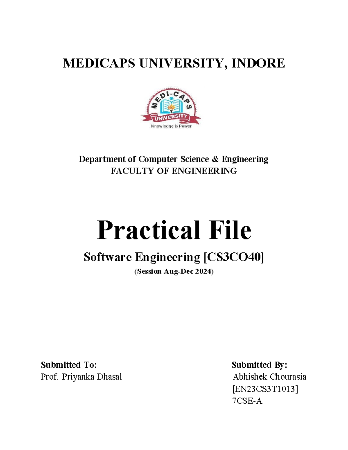 Software Engg Practical Front page - English B SL - MEDICAPS UNIVERSITY ...