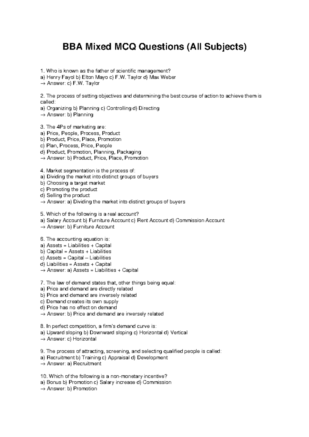 BBA Mixed MCQ Questions for All Subjects - Studocu