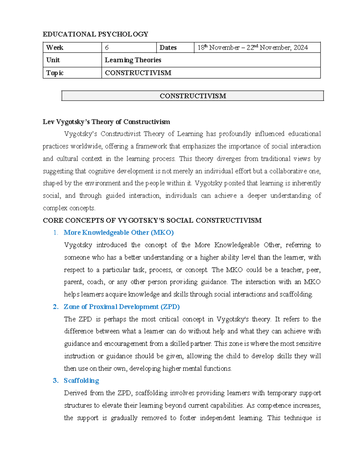 EDUCATIONAL PSYCHOLOGY (EDU 101) Week 6: Constructivism Insights - Studocu