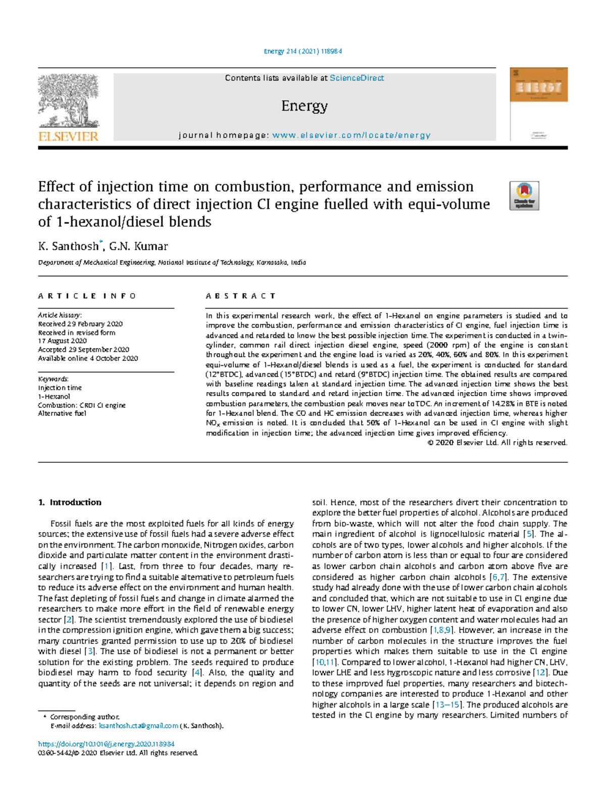 Energy 214: Impact of Injection Timing on CI Engine Performance and ...