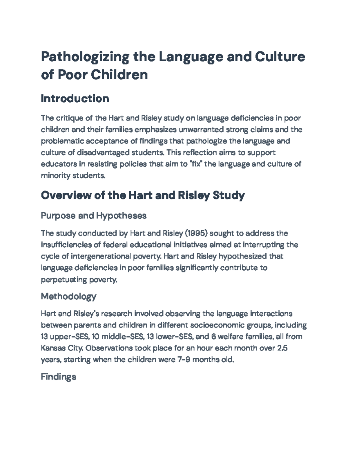 Critique of Hart and Risley's Study on Language in Disadvantaged Youth ...