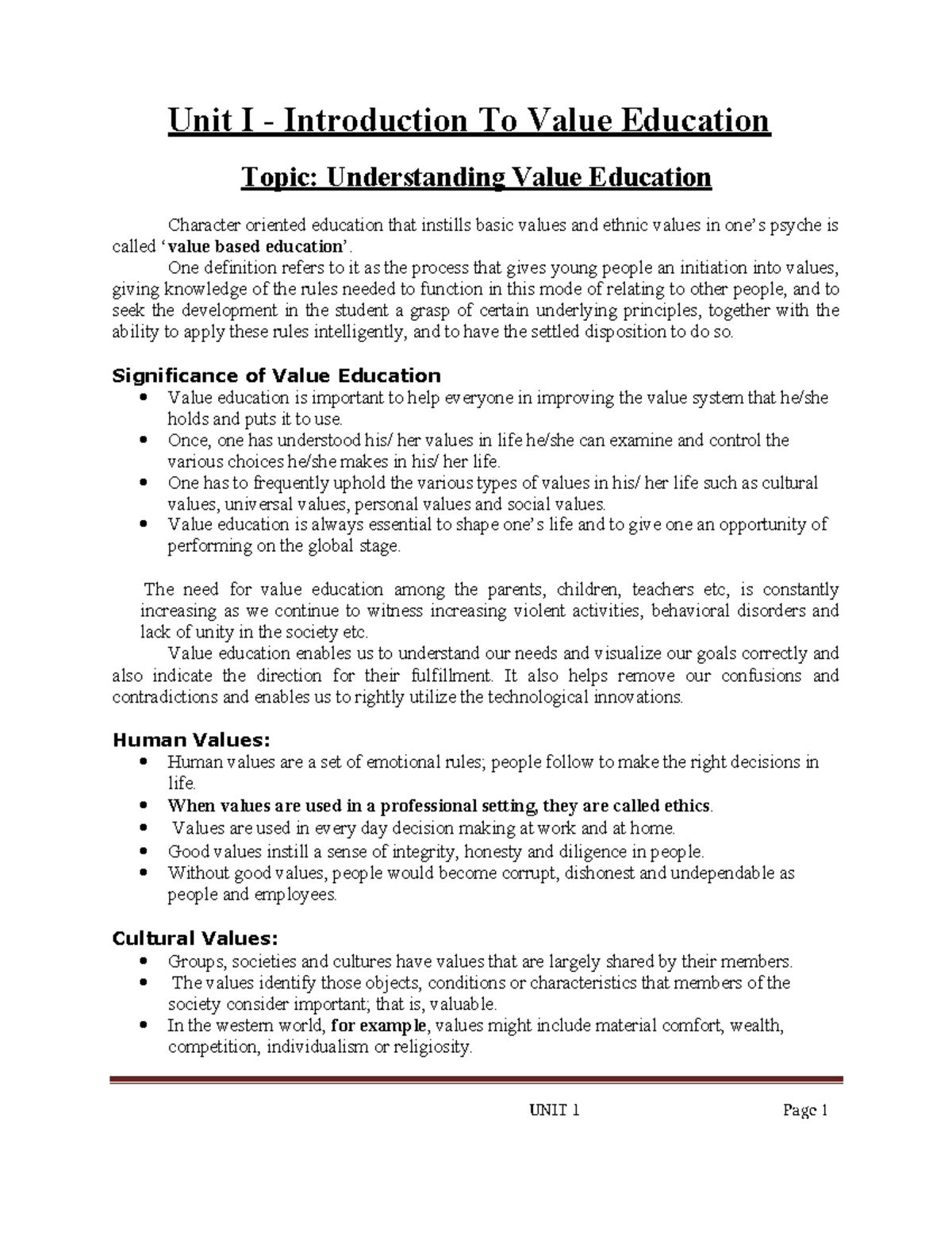 UHV Unit-1: Comprehensive Notes on Value Education Fundamentals - Studocu
