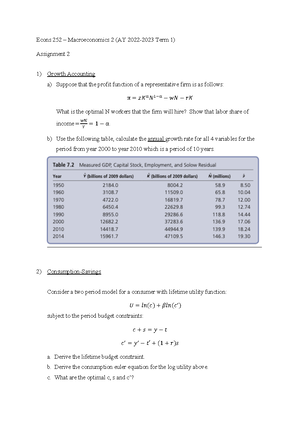 Macro 2 HW1 Sol1 - Worksheet - Homework 1 Econs 252- Macroeconomics 2 ...