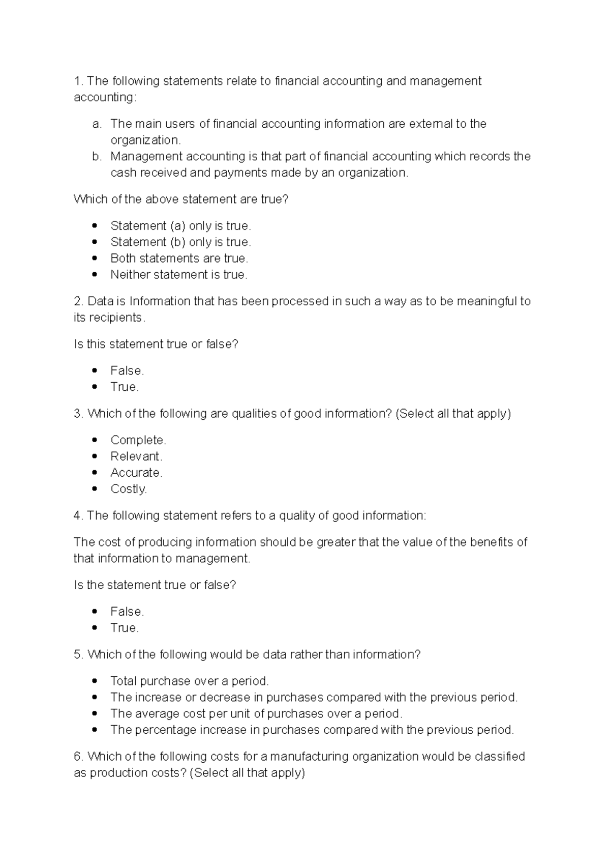 Practice Questions (Part A) on Financial & Management Accounting - Studocu