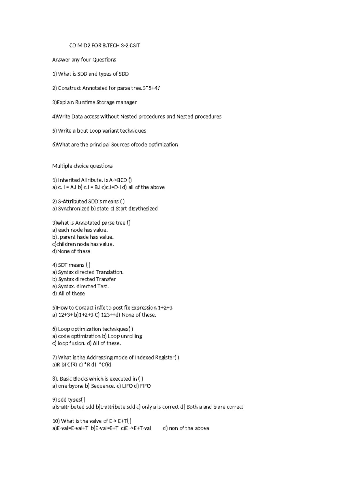 CD MID2 B.TECH CSIT Question Paper with MCQs and Answers - Studocu