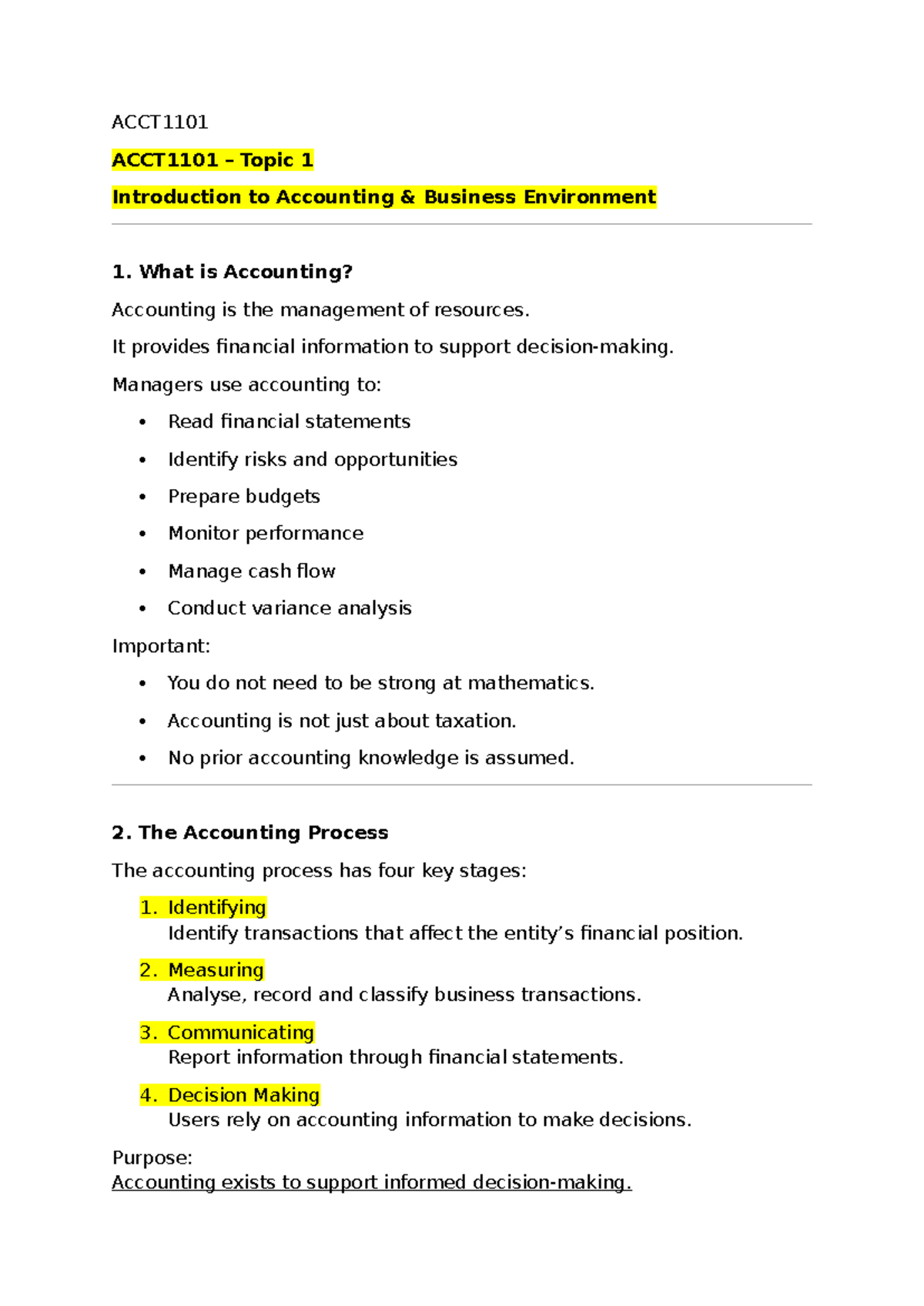 ACCT1101 Introduction to Accounting: Key Concepts and Processes - Studocu