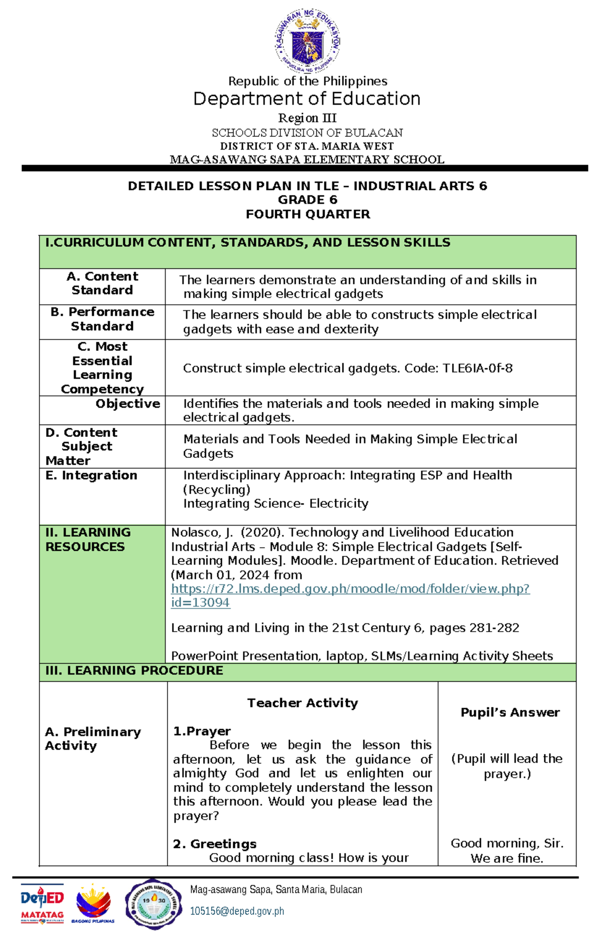 Detailed Lesson Plan in TLE: Industrial Arts 6 (Grade 6, 4th Quarter) - Document Preview