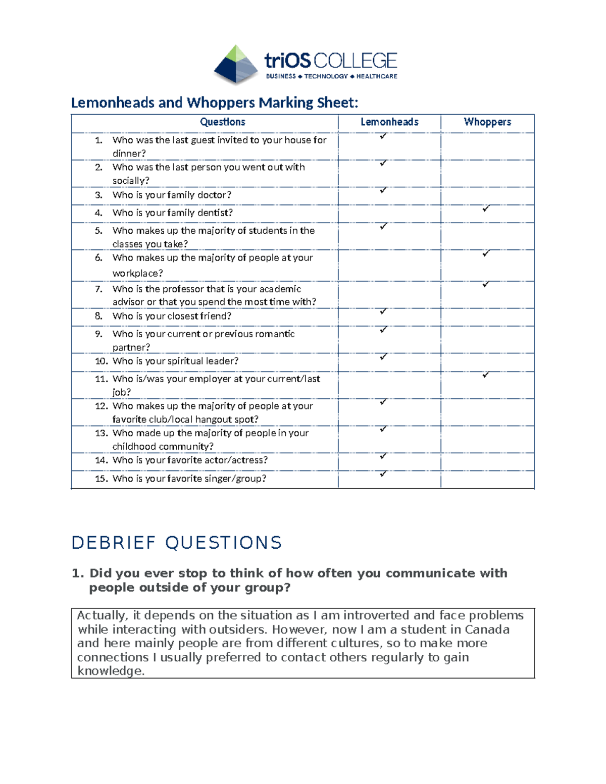 KK Lemonhead and Whoppers - Lemonheads and Whoppers Marking Sheet ...