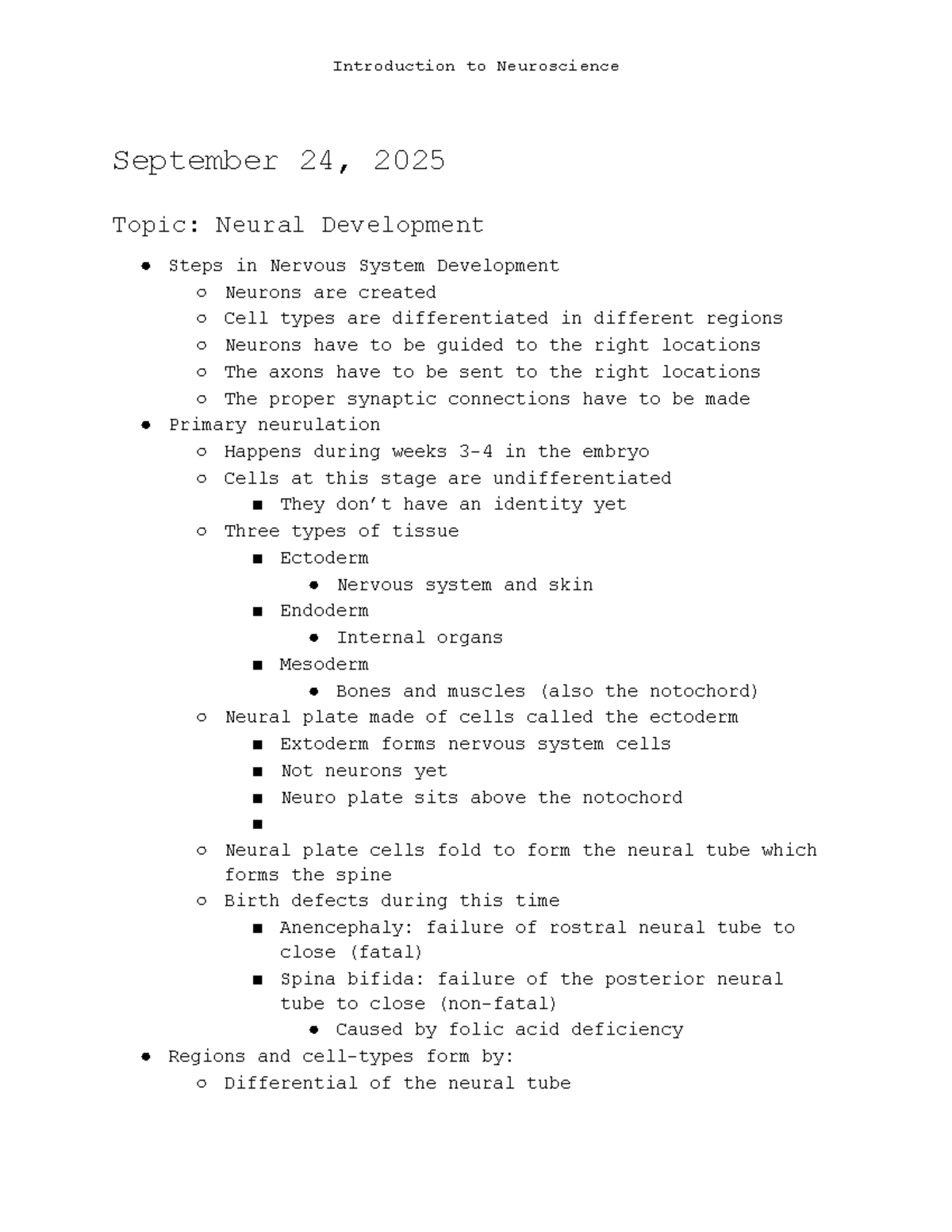 NE 101 Lecture Notes: Neural Development & Neuroanatomy Insights - Studocu